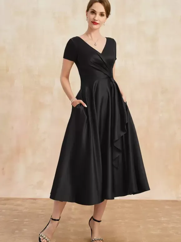 Mother Dress V-Neck Short Sleeves A-Line Pleated Guest Dresses For Wedding