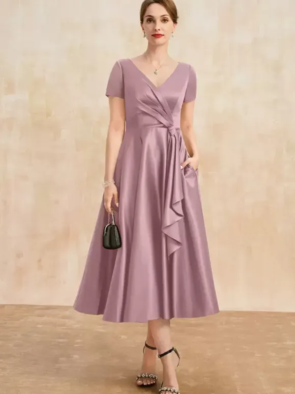 Mother Dress V-Neck Short Sleeves A-Line Pleated Guest Dresses For Wedding