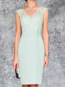 Mother Dress V-Neck Sleeveless Sheath Lace Knee-Length Guest Dresses For Wedding Free Customization