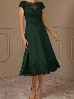 Mother Of Bride Dress Lace Embellishment Cape Sleeves Tea-Length Wedding Party Dress