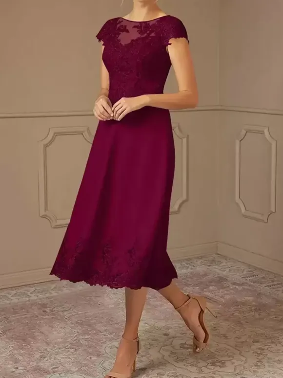 Mother Of Bride Dress Lace Embellishment Cape Sleeves Tea-Length Wedding Party Dress