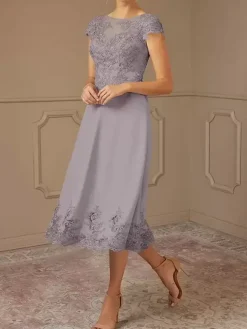 Mother Of Bride Dress Lace Embellishment Cape Sleeves Tea-Length Wedding Party Dress