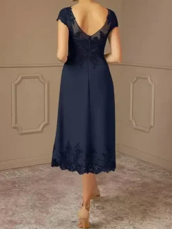 Mother Of Bride Dress Lace Embellishment Cape Sleeves Tea-Length Wedding Party Dress