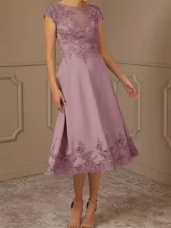 Mother Of Bride Dress Lace Embellishment Cape Sleeves Tea-Length Wedding Party Dress
