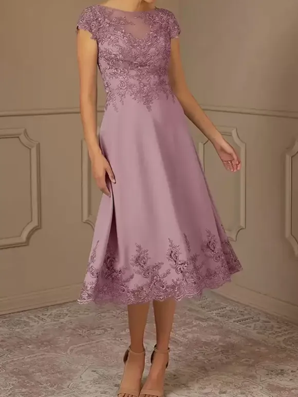 Mother Of Bride Dress Lace Embellishment Cape Sleeves Tea-Length Wedding Party Dress