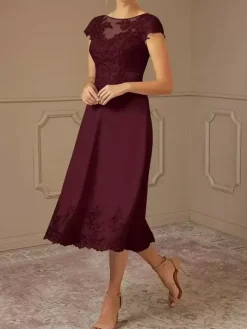 Mother Of Bride Dress Lace Embellishment Cape Sleeves Tea-Length Wedding Party Dress