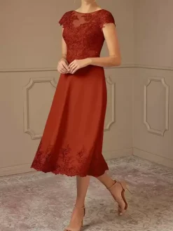 Mother Of Bride Dress Lace Embellishment Cape Sleeves Tea-Length Wedding Party Dress