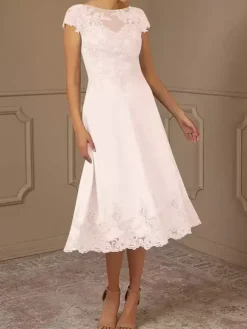Mother Of Bride Dress Lace Embellishment Cape Sleeves Tea-Length Wedding Party Dress