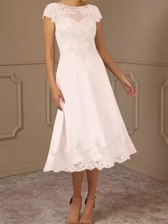 Mother Of Bride Dress Lace Embellishment Cape Sleeves Tea-Length Wedding Party Dress
