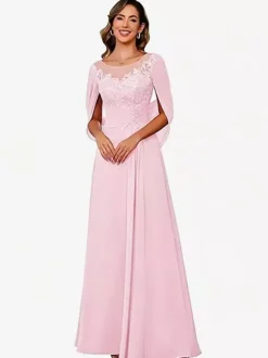 Mother Of The Bride Illusion Neckline Half Sleeves A-Line Lace Floor-Length Guest Dresses For Wedding
