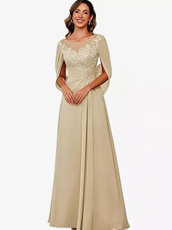 Mother Of The Bride Illusion Neckline Half Sleeves A-Line Lace Floor-Length Guest Dresses For Wedding