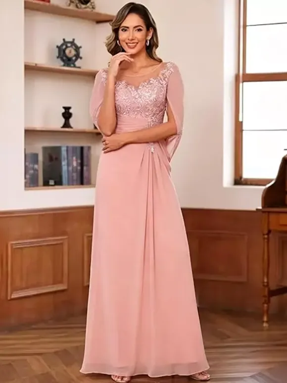 Mother Of The Bride Illusion Neckline Half Sleeves A-Line Lace Floor-Length Guest Dresses For Wedding