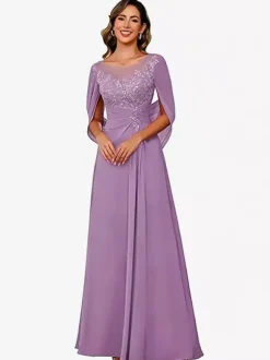 Mother Of The Bride Illusion Neckline Half Sleeves A-Line Lace Floor-Length Guest Dresses For Wedding
