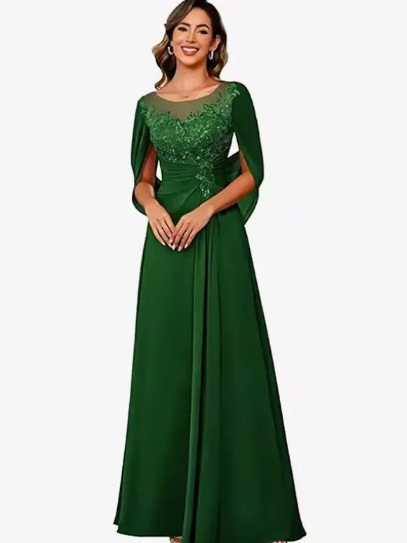 Mother Of The Bride Illusion Neckline Half Sleeves A-Line Lace Floor-Length Guest Dresses For Wedding
