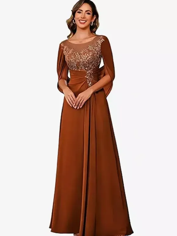 Mother Of The Bride Illusion Neckline Half Sleeves A-Line Lace Floor-Length Guest Dresses For Wedding