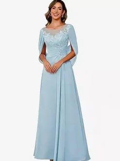 Mother Of The Bride Illusion Neckline Half Sleeves A-Line Lace Floor-Length Guest Dresses For Wedding