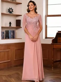 Mother Of The Bride Illusion Neckline Half Sleeves A-Line Lace Floor-Length Guest Dresses For Wedding