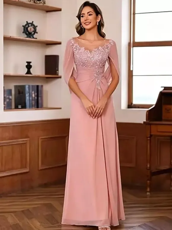 Mother Of The Bride Illusion Neckline Half Sleeves A-Line Lace Floor-Length Guest Dresses For Wedding