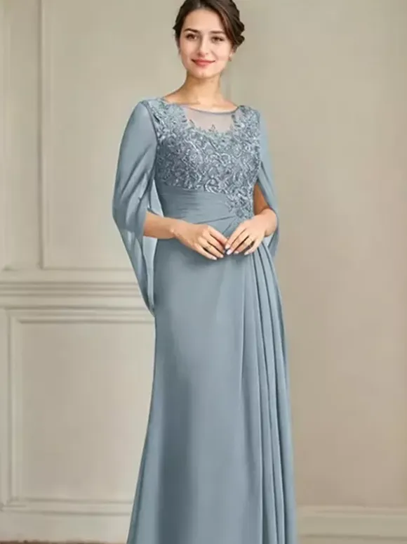 Mother Of The Bride Illusion Neckline Half Sleeves A-Line Lace Floor-Length Guest Dresses For Wedding