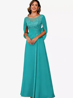 Mother Of The Bride Illusion Neckline Half Sleeves A-Line Lace Floor-Length Guest Dresses For Wedding