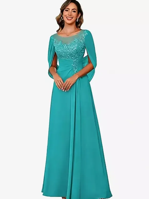 Mother Of The Bride Illusion Neckline Half Sleeves A-Line Lace Floor-Length Guest Dresses For Wedding