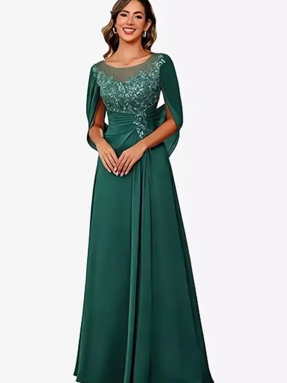 Mother Of The Bride Illusion Neckline Half Sleeves A-Line Lace Floor-Length Guest Dresses For Wedding