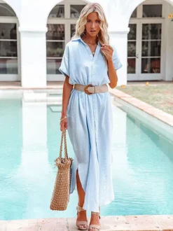 Mousseline Shirt Dress for Women - Short Sleeve Button Front Loose Cover-up Maxi Dress - Summer Beach Resort 2026