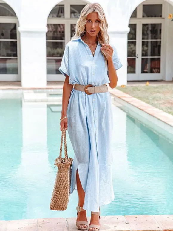 Mousseline Shirt Dress for Women - Short Sleeve Button Front Loose Cover-up Maxi Dress - Summer Beach Resort 2026