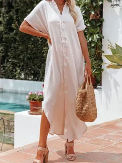 Mousseline Shirt Dress for Women - Short Sleeve Button Front Loose Cover-up Maxi Dress - Summer Beach Resort 2026