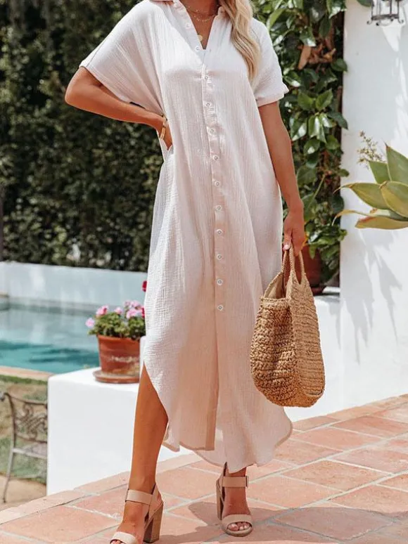 Mousseline Shirt Dress for Women - Short Sleeve Button Front Loose Cover-up Maxi Dress - Summer Beach Resort 2026