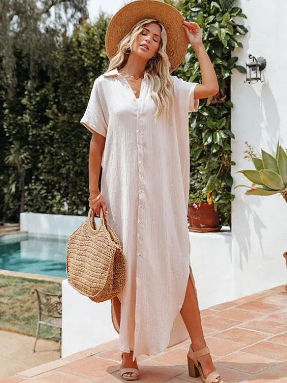 Mousseline Shirt Dress for Women - Short Sleeve Button Front Loose Cover-up Maxi Dress - Summer Beach Resort 2026