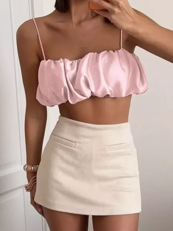 Multi Color Ruched Bubble Hem Satin Cami Strapless Spaghetti Strap Crop Top