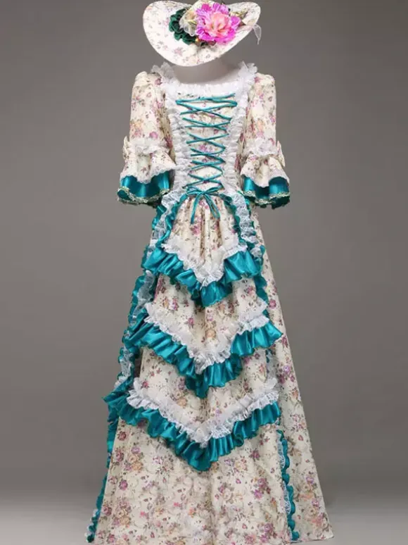 Multicolor Print Tiered Rococo Court Dress Synthetic Costume