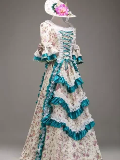 Multicolor Print Tiered Rococo Court Dress Synthetic Costume
