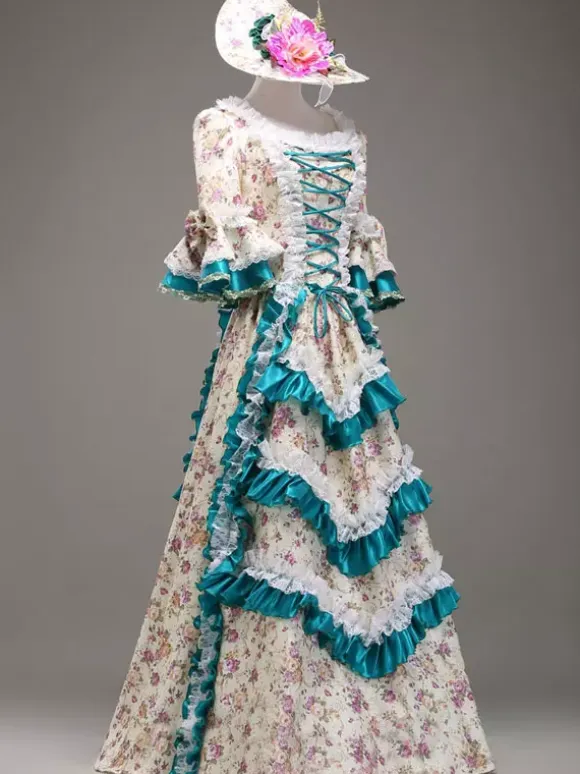 Multicolor Print Tiered Rococo Court Dress Synthetic Costume