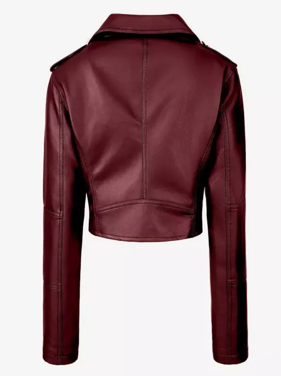 Multi Color Cropped Moto Jacket Lapel Diagonal Zip Waist Belt Faux Leather Outerwear