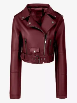 Multi Color Cropped Moto Jacket Lapel Diagonal Zip Waist Belt Faux Leather Outerwear