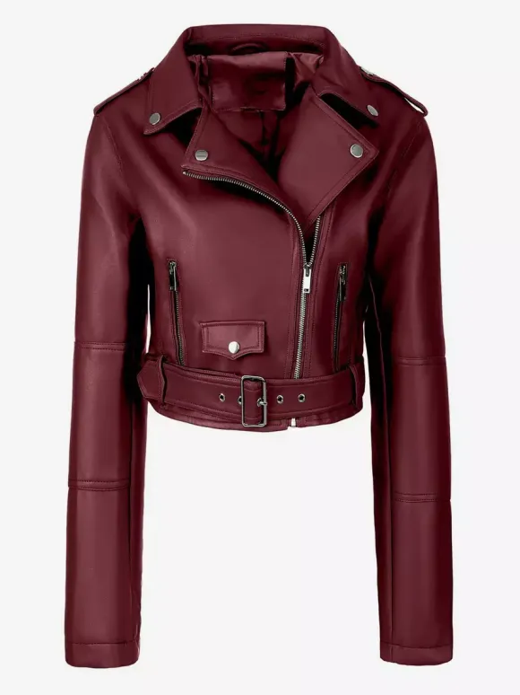 Multi Color Cropped Moto Jacket Lapel Diagonal Zip Waist Belt Faux Leather Outerwear