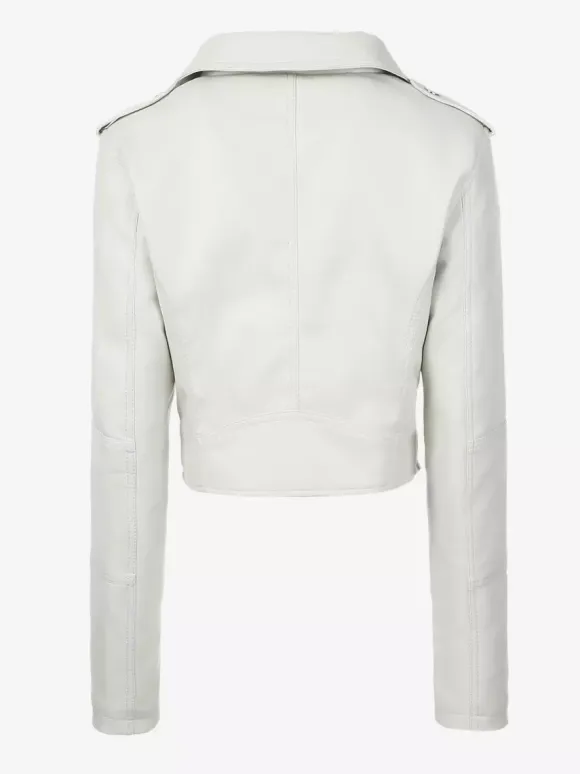 Multi Color Cropped Moto Jacket Lapel Diagonal Zip Waist Belt Faux Leather Outerwear