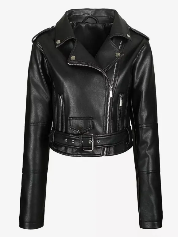 Multi Color Cropped Moto Jacket Lapel Diagonal Zip Waist Belt Faux Leather Outerwear