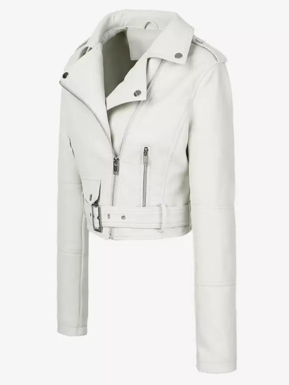 Multi Color Cropped Moto Jacket Lapel Diagonal Zip Waist Belt Faux Leather Outerwear
