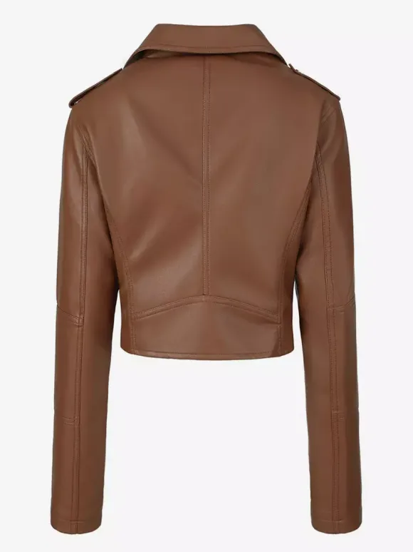 Multi Color Cropped Moto Jacket Lapel Diagonal Zip Waist Belt Faux Leather Outerwear