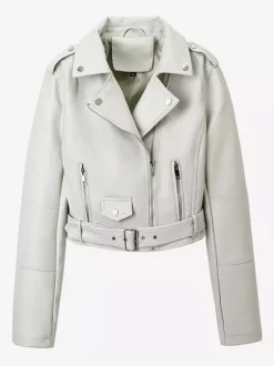 Multi Color Cropped Moto Jacket Lapel Diagonal Zip Waist Belt Faux Leather Outerwear