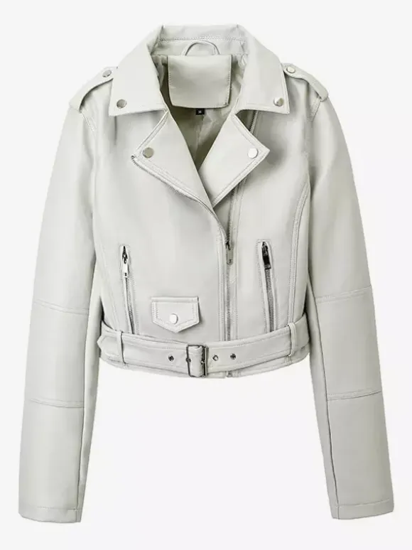 Multi Color Cropped Moto Jacket Lapel Diagonal Zip Waist Belt Faux Leather Outerwear