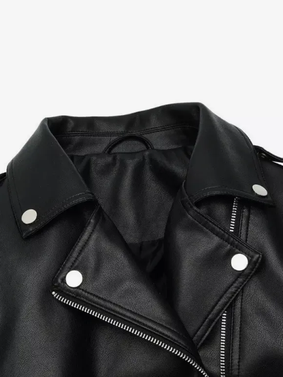 Multi Color Cropped Moto Jacket Lapel Diagonal Zip Waist Belt Faux Leather Outerwear
