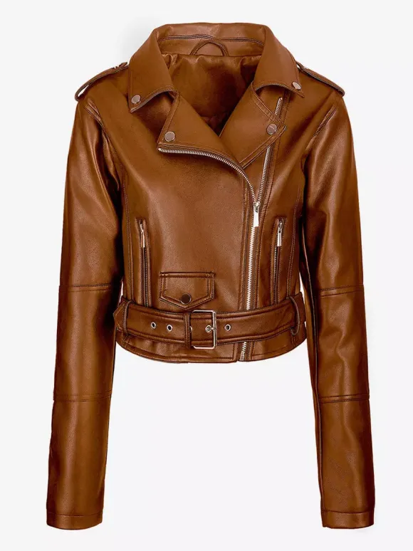 Multi Color Cropped Moto Jacket Lapel Diagonal Zip Waist Belt Faux Leather Outerwear