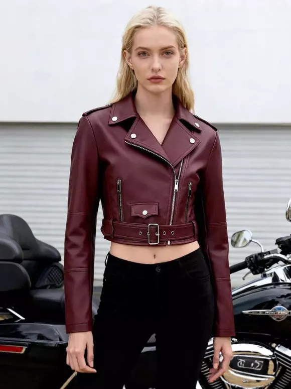 Multi Color Cropped Moto Jacket Lapel Diagonal Zip Waist Belt Faux Leather Outerwear