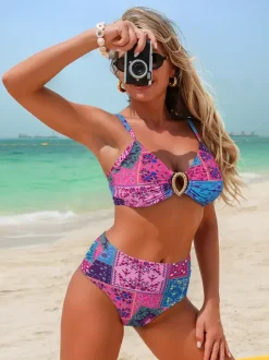Multi Floral Print Push Up Bikini Set For Women - Ring Front Top And High Cut Bottom 2 Piece Swimsuit - Summer Beach 2026