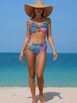 Multi Floral Print Push Up Bikini Set For Women - Ring Front Top And High Cut Bottom 2 Piece Swimsuit - Summer Beach 2026