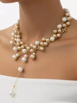 Multi Size Pearl Cluster Choker Y Drop Tassel Adjustable Extension Chain